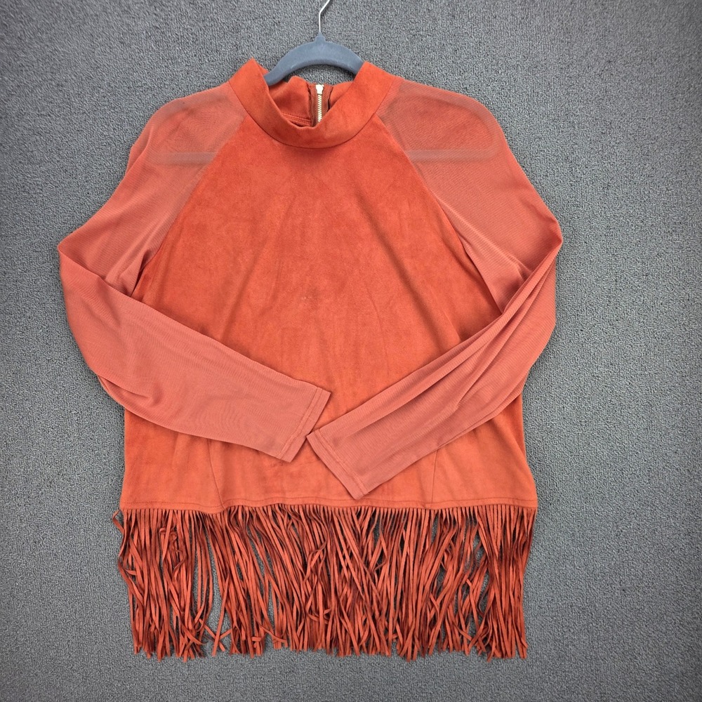 Midnight Velvet Faux Suede Fringe Top Womens Orange Boho Mesh Sleeve Large